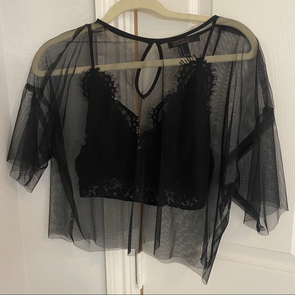 F21 Mesh Crop Top with Bralette | Black Sz: Med
